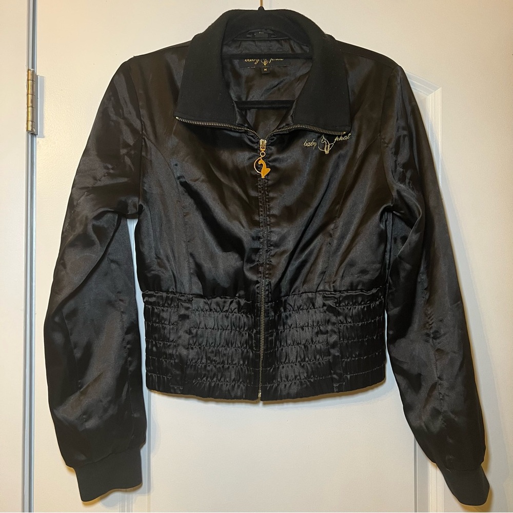 Vintage Baby Phat Y2K Cropped Collared Full Zip Jacket Embroidered  Size M Black